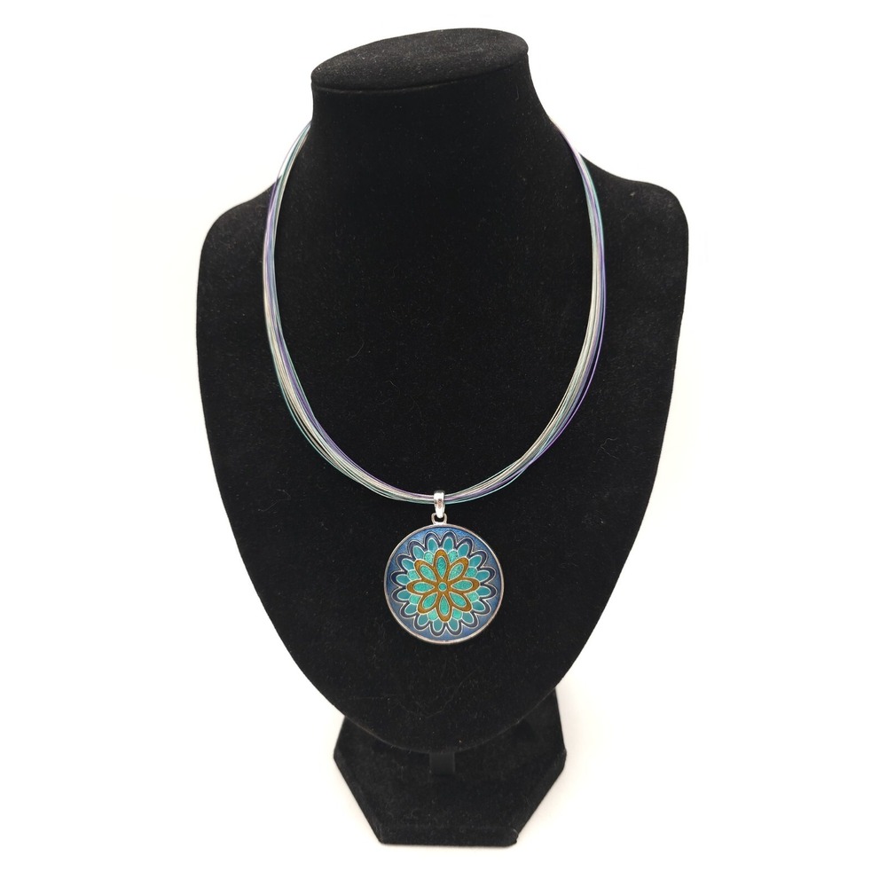 Floral Enamel Medallion Pendant Necklace‎ Multistrand Wire Silver Tone Boho